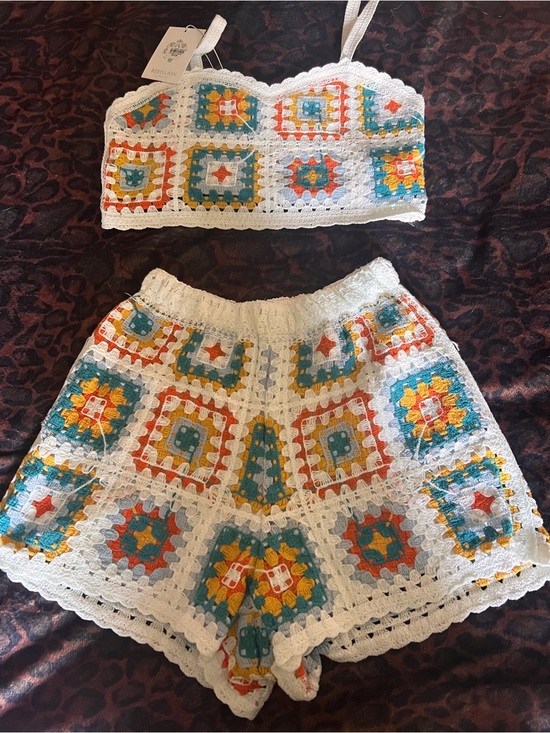 Rebellion Other - Rebellion White Crochet Two-Piece Set with Teal, Yellow, and Orange Accents